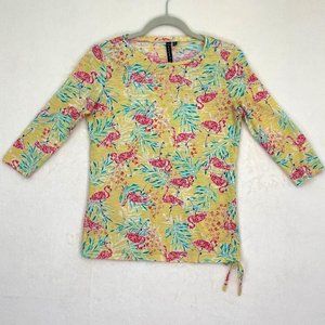 Casey Key Women's Yellow Palm Tree Flamingo Print 3/4 Sleeve Blouse Top Size S
